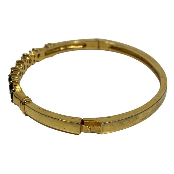 Elegant Gold-Plated Hinged Bangle Bracelet With Blue + Clear Gemstones - Picture 2 of 6